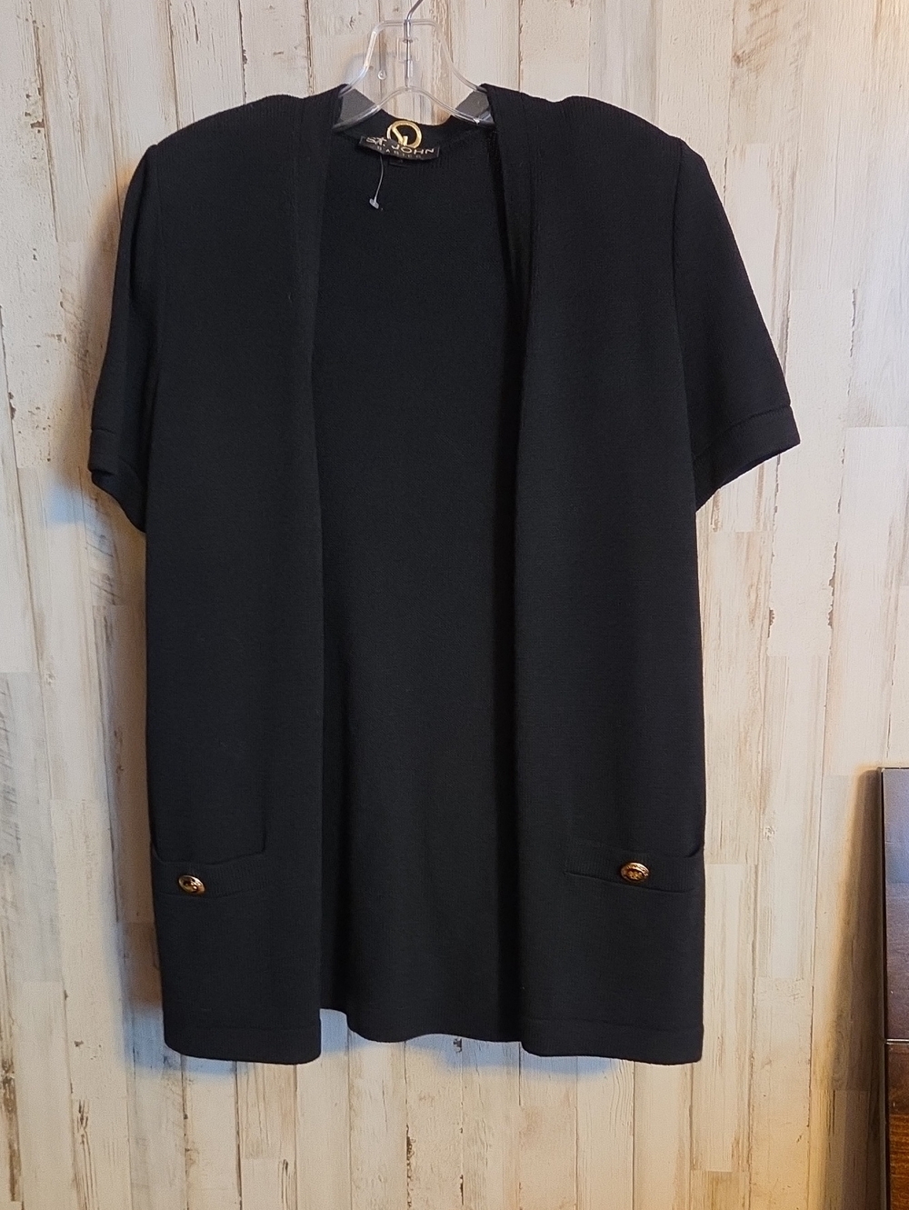 St. John Black Short-Sleeve Open-Front Knit Blazer with Gold Buttons